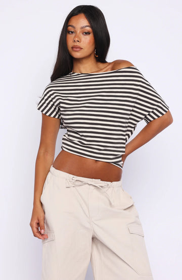 Happy To Help Cinched Waist Top Charcoal Stripe | Women's Top